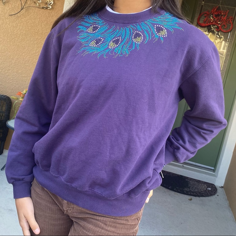 Trilllogy Women’s Embroidered Crewneck Sweatshirt Purple Pullover Sweater Size L